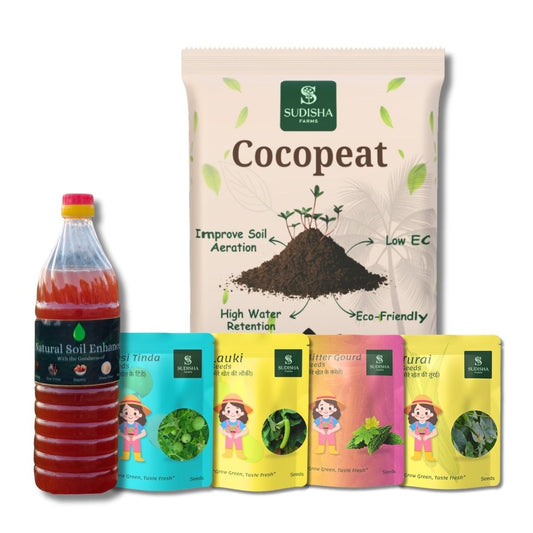 Combo Pack Turai, Karela, Lauki & Tinda Seeds (15 Each), 2kg Low EC Cocopeat With Natural Soil Enhancer (450ml) - SUDISHA FARMS