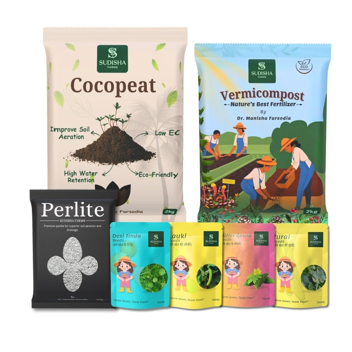 Combo Packet of Cocopeat (2kg), Vermicompost (2kg), Perlite (250g) and Lauki, Turai, Tinda & Karela Seeds (15 Each) - SUDISHA FARMS