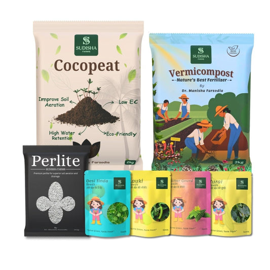 Combo Packet of Cocopeat (2kg), Vermicompost (2kg), Perlite (250g) and Lauki, Turai, Tinda & Karela Seeds (15 Each) - SUDISHA FARMS