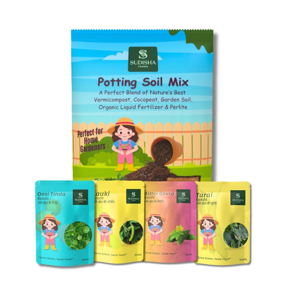 Grow Your Own Veggies Combo: Turai, Karela, Lauki & Tinda Seeds (15 each) with 2kg Nutrient - Rich Potting Soil Mix - SUDISHA FARMS