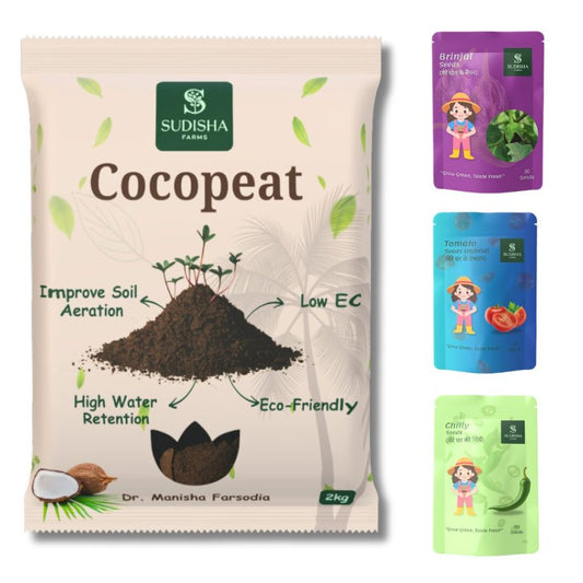 Low EC Cocopeat Powder 2kg with the seeds of Brinjal, Chilly and Tomato (30 seeds each) - SUDISHA FARMS