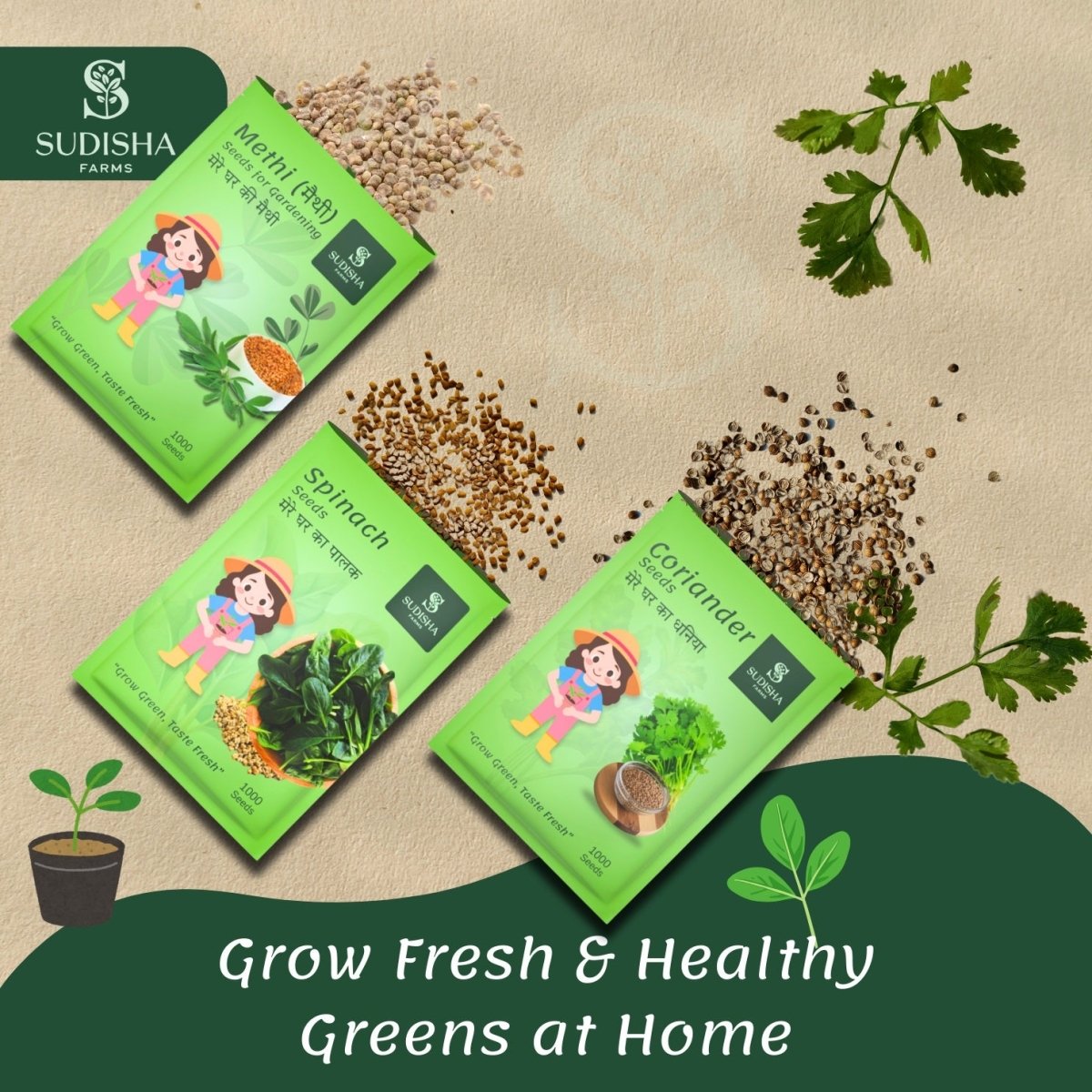 The Perfect Start with the combo of Cocopeat 2kg & Desi Super Seeds (Coriander, Methi & Spinach, 1000 seeds each) - SUDISHA FARMS